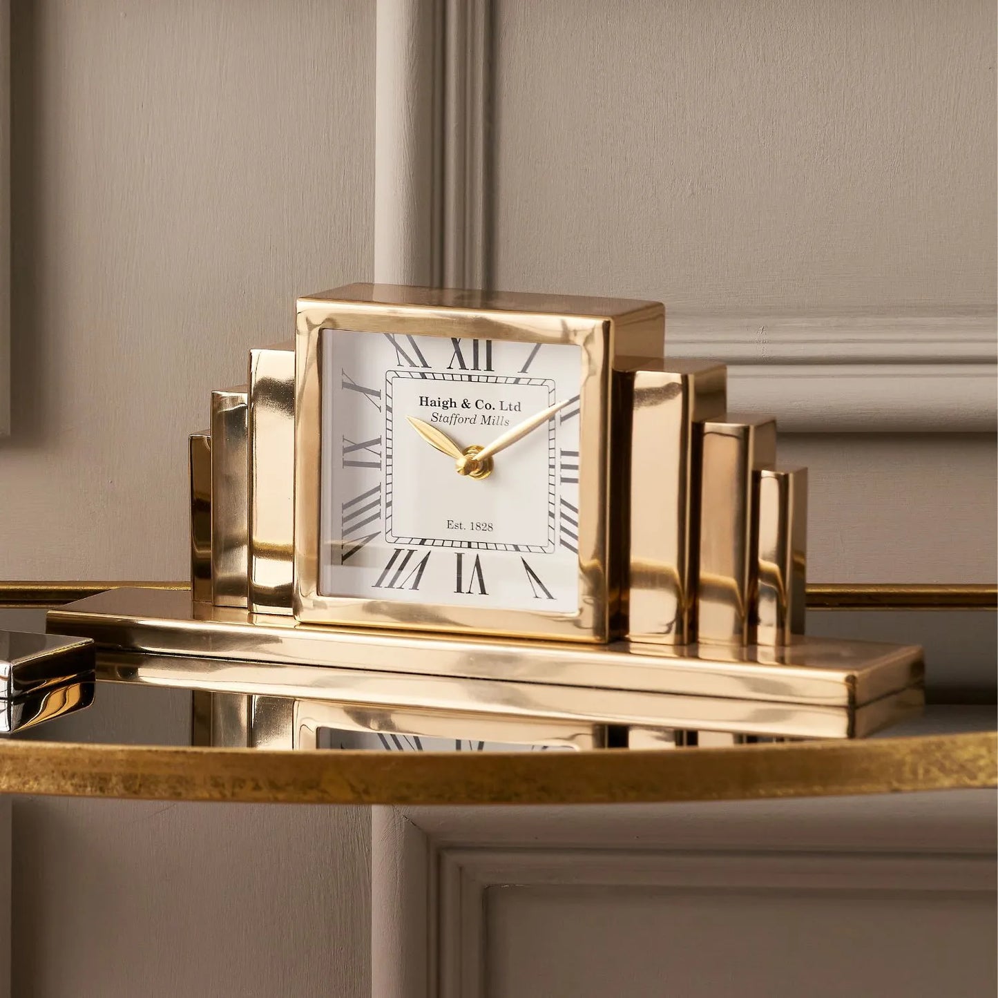 Shiny Gold Metal Art Deco Table Mantel Clock with Black Roman Numerals & Gold Hands 14x33x7cm - Click Style