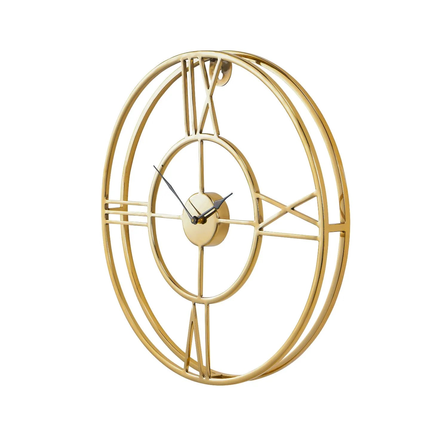 Shiny Gold Round Metal Skeleton Wall Clock with Double Frame Roman Numerals & Black Hands 50x5.5cm - Click Style