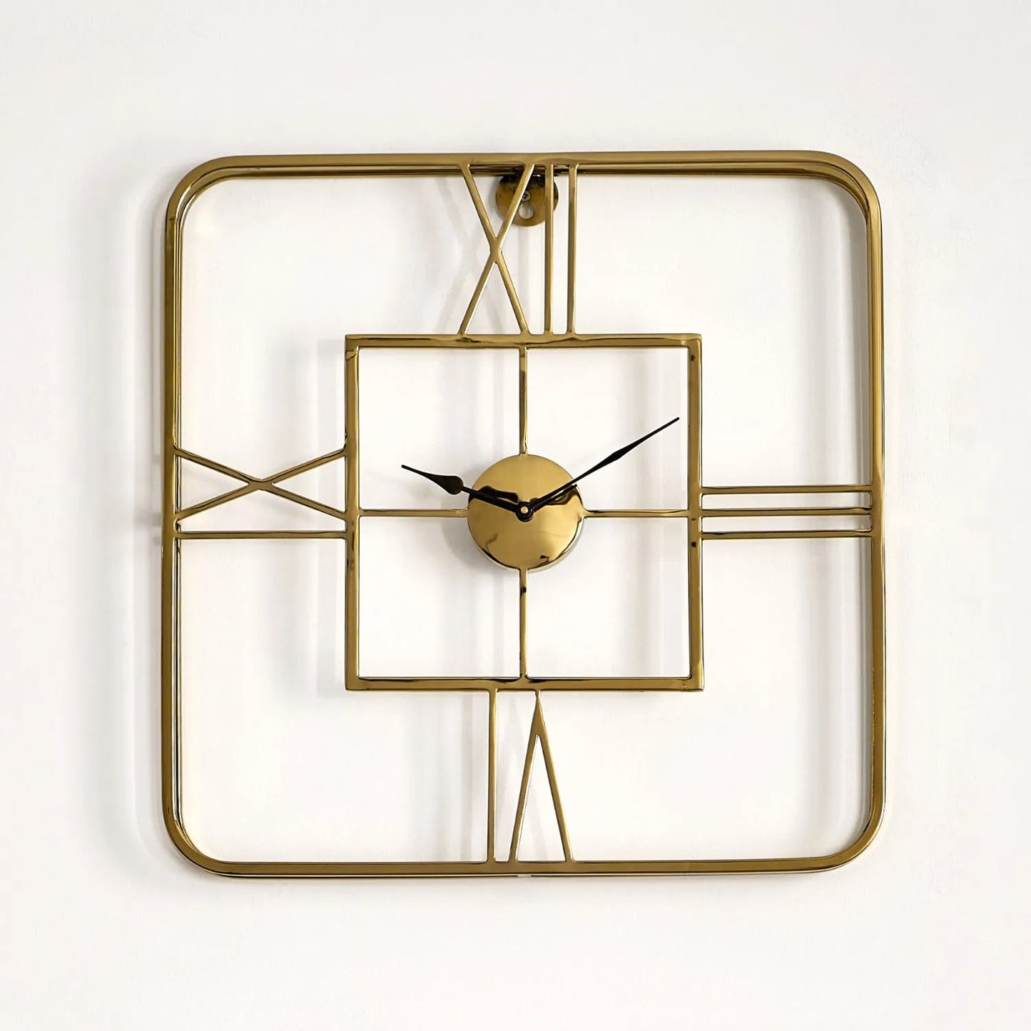 Shiny Gold Square Metal Skeleton Wall Clock with Double Frame Roman Numerals & Black Hands 51x8cm - Click Style