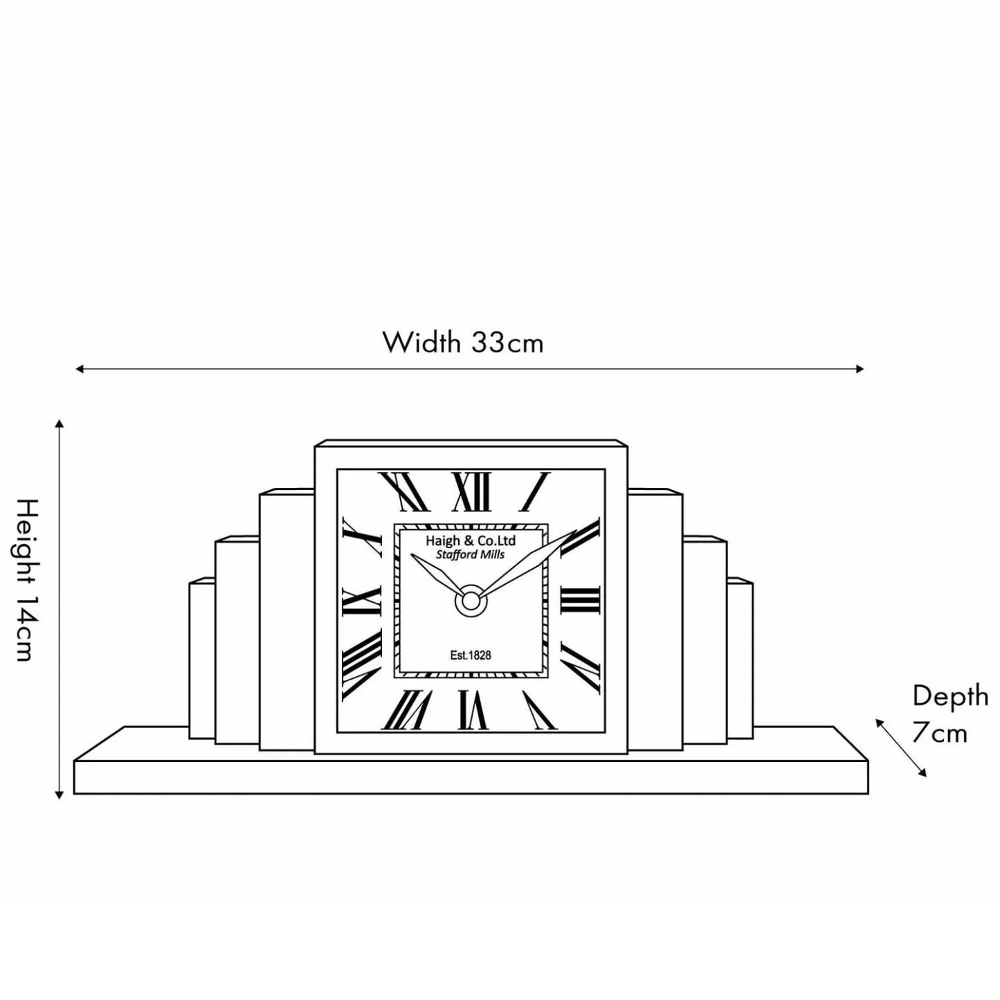 Shiny Silver Metal Art Deco Table Mantel Clock with Black Roman Numerals & Black Hands 14x33x7cm