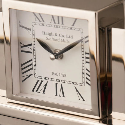 Shiny Silver Metal Art Deco Table Mantel Clock with Black Roman Numerals & Black Hands 14x33x7cm - Click Style