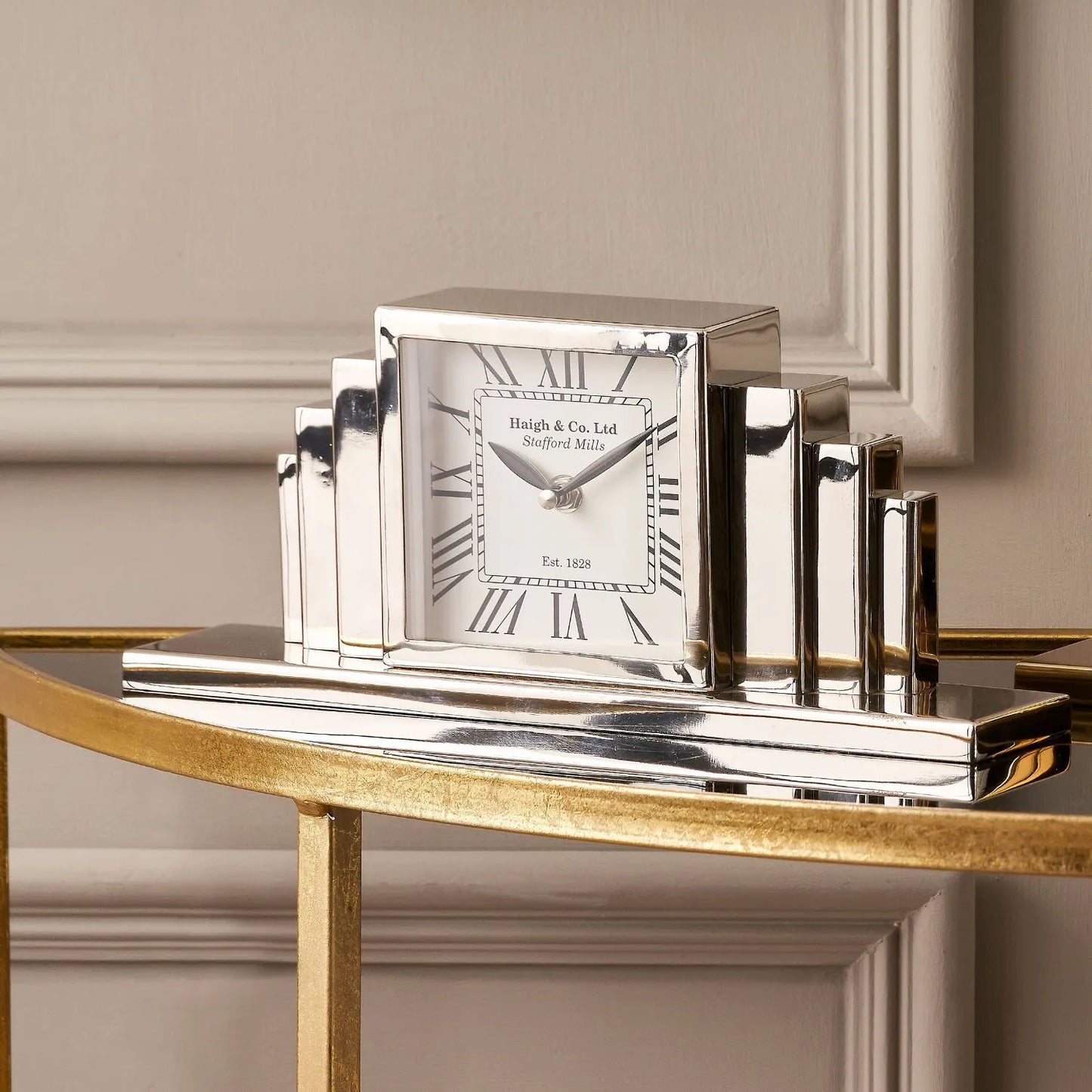 Shiny Silver Metal Art Deco Table Mantel Clock with Black Roman Numerals & Black Hands 14x33x7cm