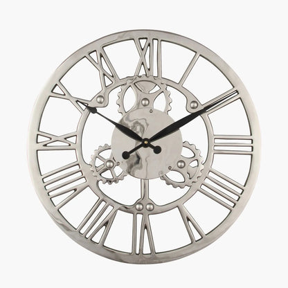 Shiny Silver Round Metal Cog Skeleton Wall Clock with Roman Numerals & Black Hands 46x46x5cm - Click Style