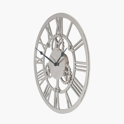 Shiny Silver Round Metal Cog Skeleton Wall Clock with Roman Numerals & Black Hands 46x46x5cm - Click Style