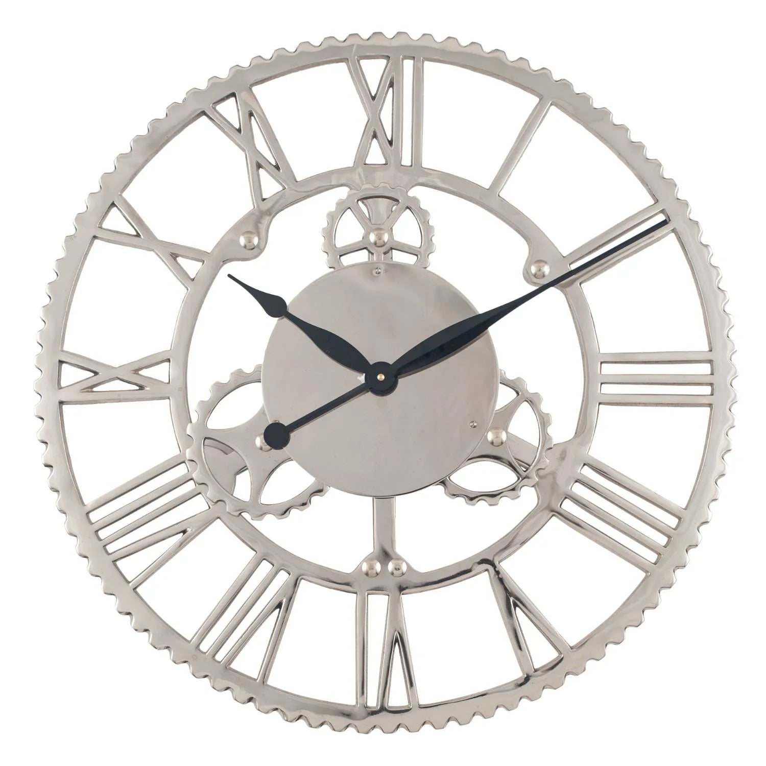 Shiny Silver Round Metal Cog Skeleton Wall Clock with Roman Numerals & Black Hands 61x61x7cm - Click Style