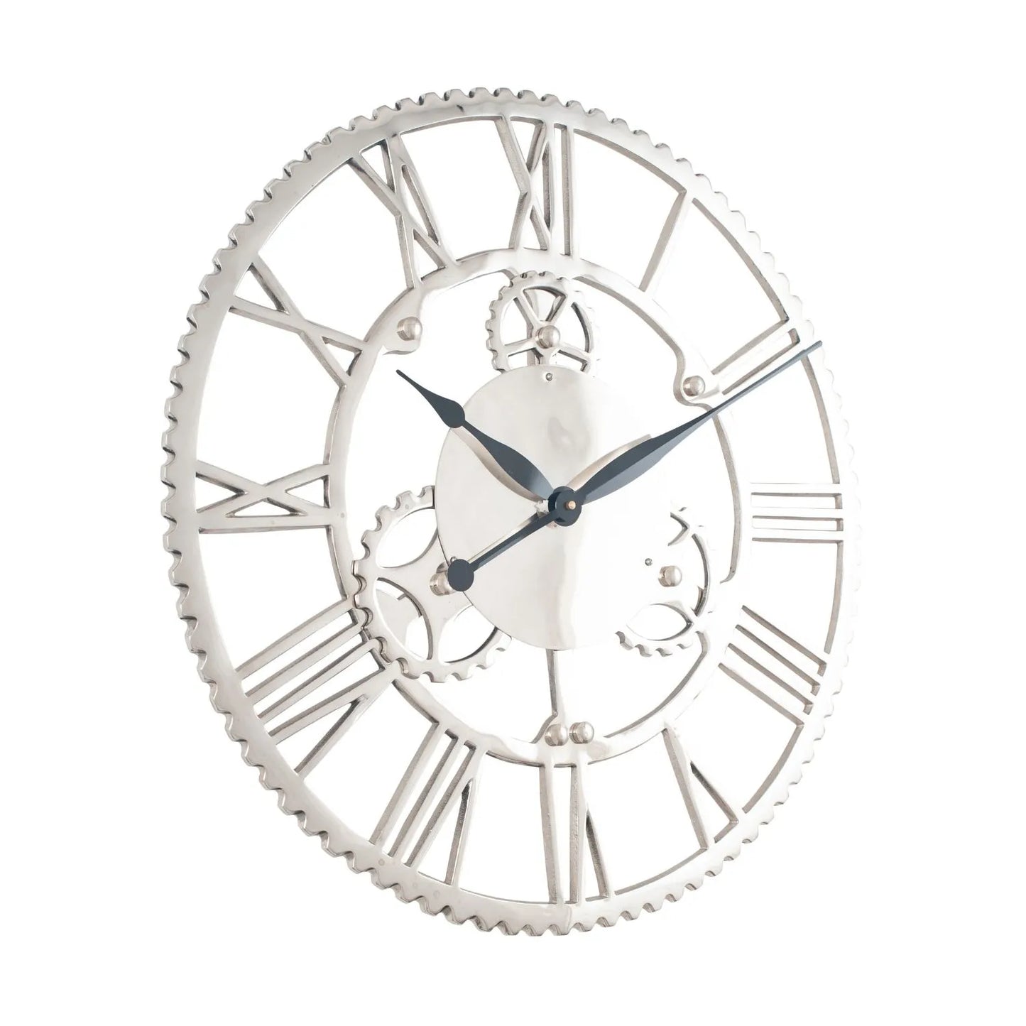 Shiny Silver Round Metal Cog Skeleton Wall Clock with Roman Numerals & Black Hands 61x61x7cm - Click Style