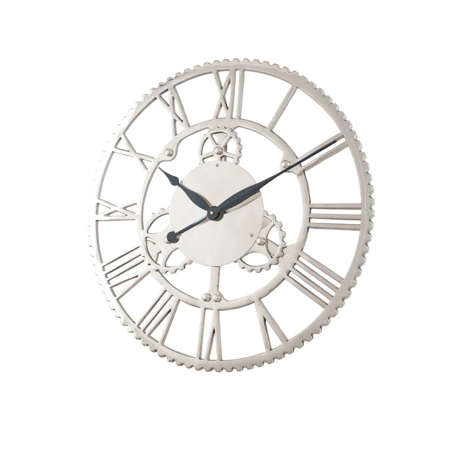 Shiny Silver Round Metal Cog Skeleton Wall Clock with Roman Numerals & Black Hands 61x61x7cm - Click Style