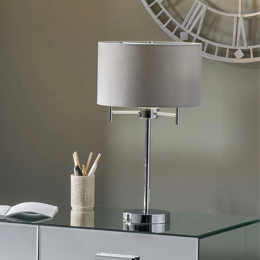 Silver 3-Light Table Lamp with Grey Linen Drum Lampshade – Modern Chrome Lighting 53x30x30cm - Click Style