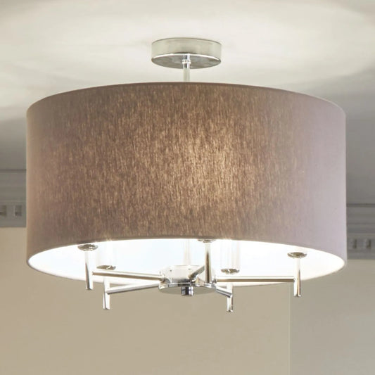 Silver 5-Light Pendant Ceiling Light with Grey Linen Drum Lampshade – Modern Chrome Lighting 37x45x45cm - Click Style