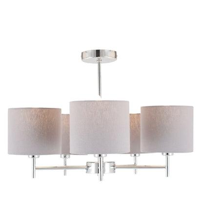 Silver 5-Light Pendant Ceiling Light with Grey Linen Drum Lampshades – Modern Metal Lighting 36x49x49cm - Click Style