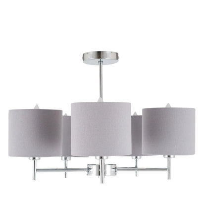 Silver 5-Light Pendant Ceiling Light with Grey Linen Drum Lampshades – Modern Metal Lighting 36x49x49cm - Click Style