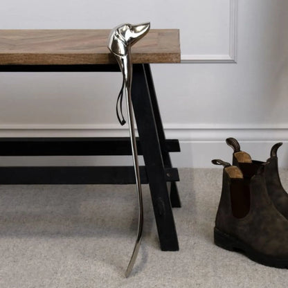 Silver Dog Head Long Handled Shoe Horn with Hanging Loop & Polished Finish – Decorative Metal Shoehorn 53x10x5cm - Click Style