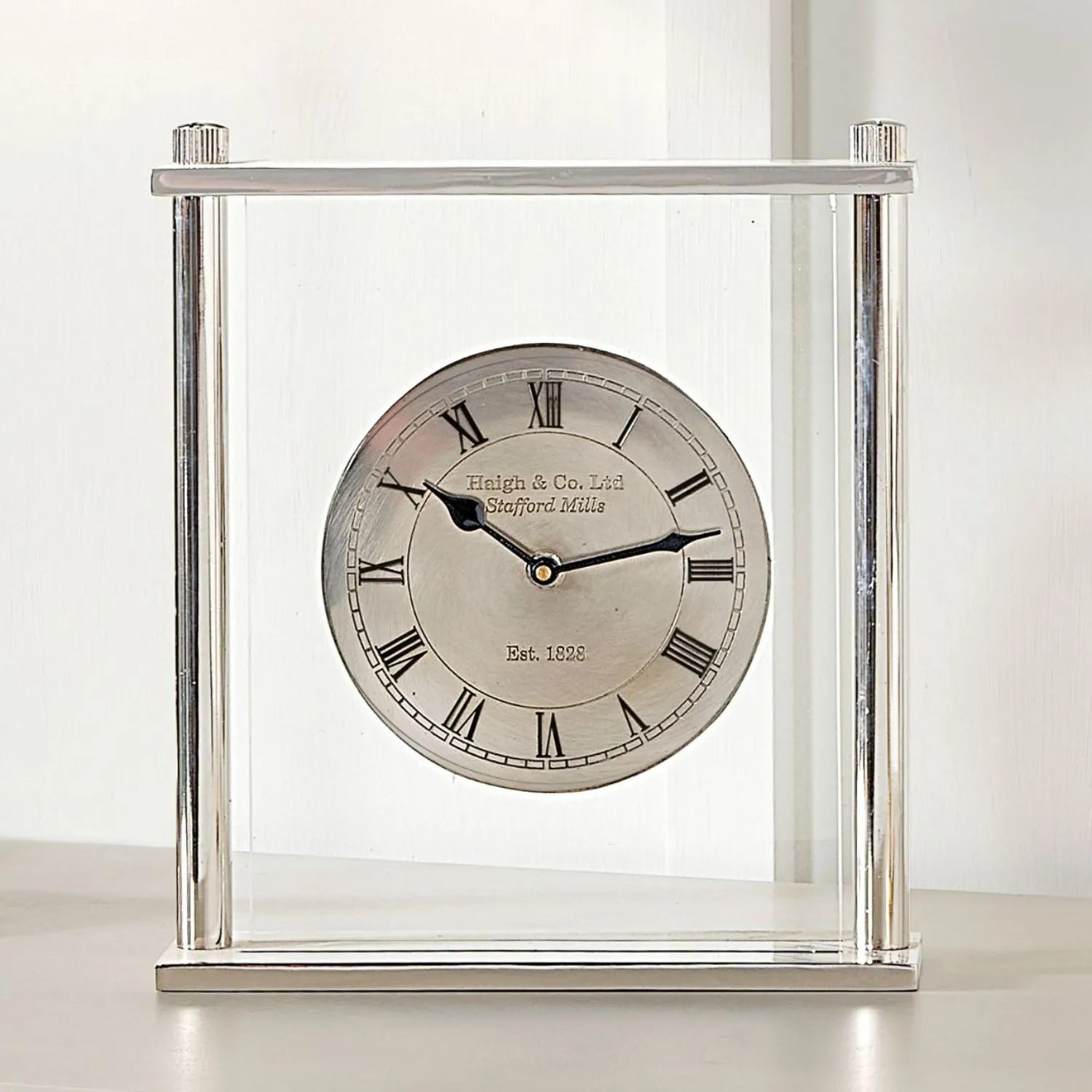 Silver Frame Standing Table Mantel Clock with Glass Panels Roman Numerals & Black Hands 28x25.5x7.5cm - Click Style