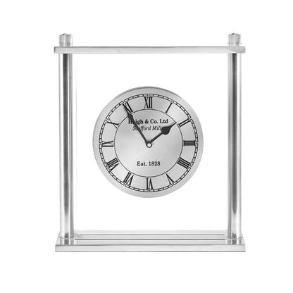 Silver Frame Standing Table Mantel Clock with Glass Panels Roman Numerals & Black Hands 28x25.5x7.5cm - Click Style