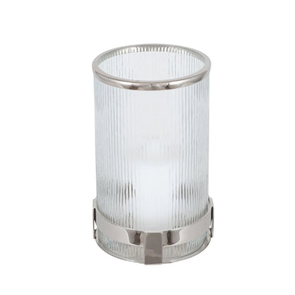 Silver Hurricane Candle Holder with Ribbed Glass & Polished Stainless Steel Base & Rim – Decorative Lantern 26x17x17cm