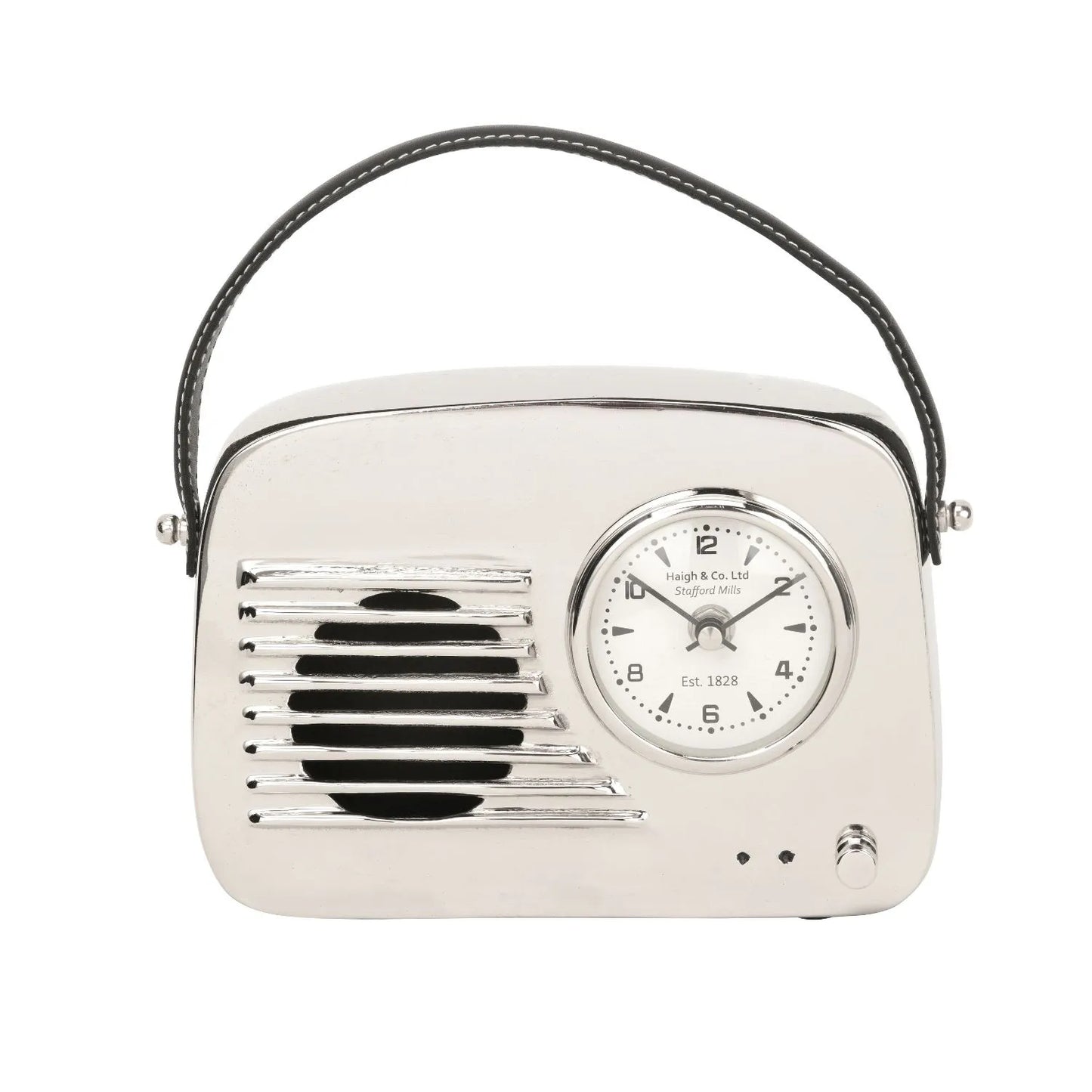 Silver Metal Retro Radio Style Table Clock with White Face Black Hands Arabic Numerals & Leather Handle 24x16x5cm - Click Style