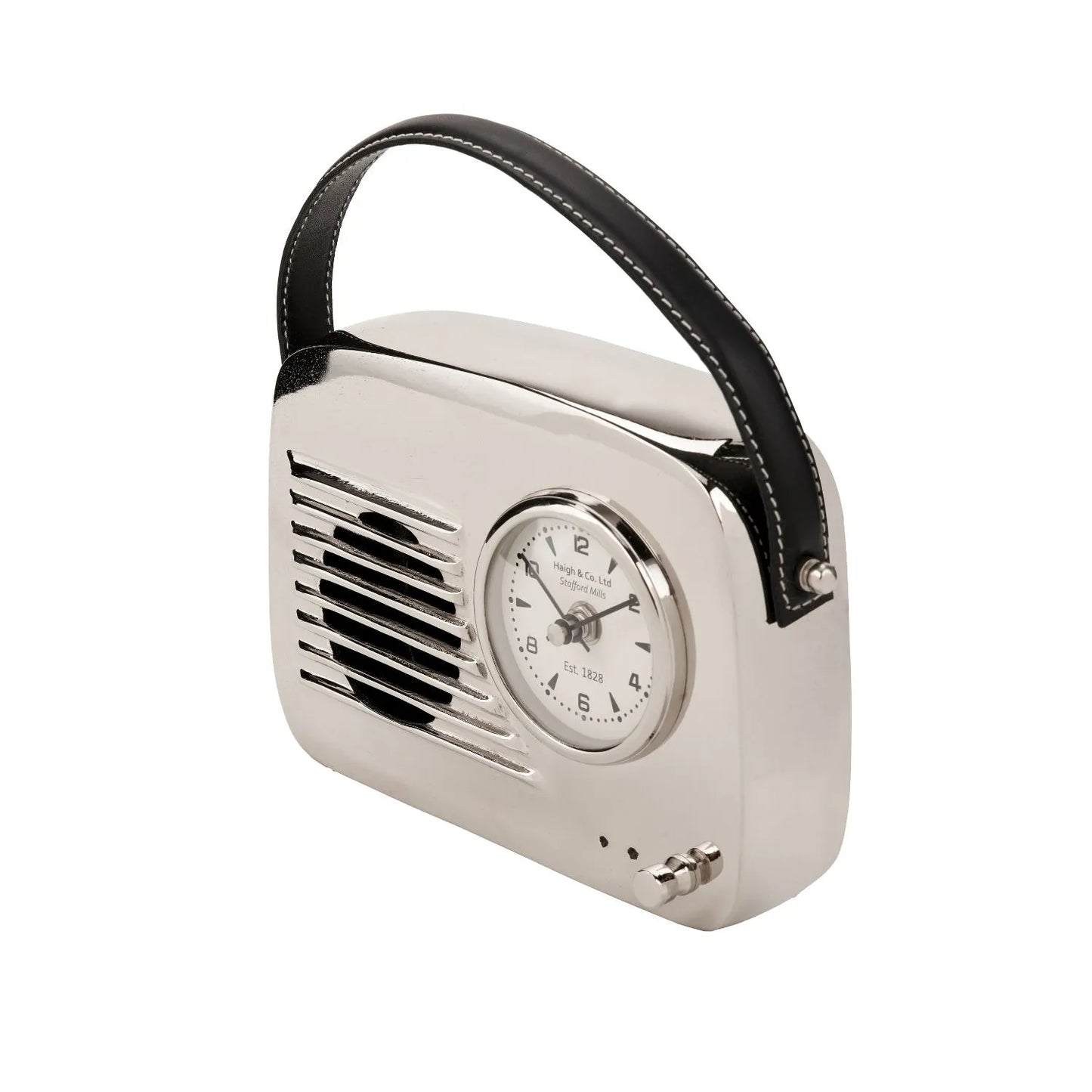 Silver Metal Retro Radio Style Table Clock with White Face Black Hands Arabic Numerals & Leather Handle 24x16x5cm - Click Style