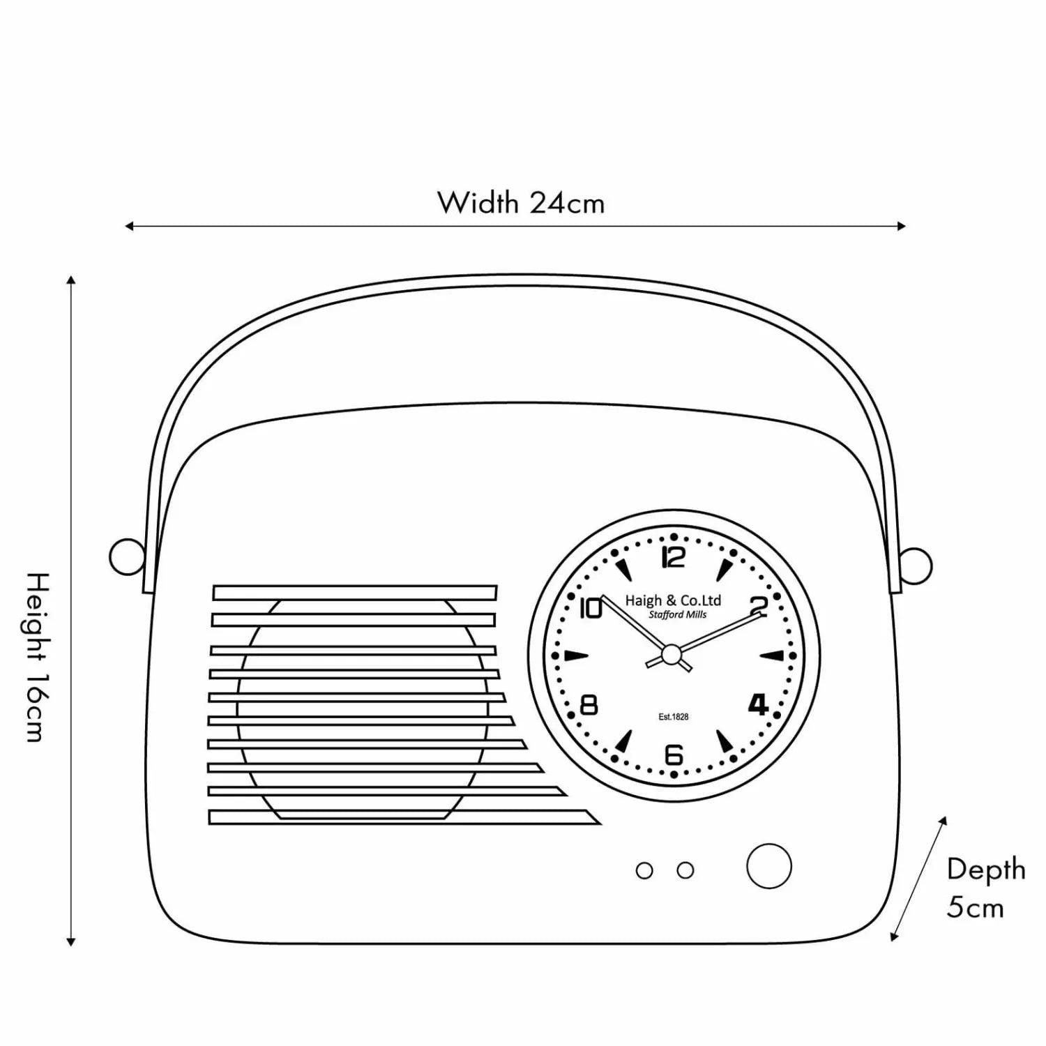 Silver Metal Retro Radio Style Table Clock with White Face Black Hands Arabic Numerals & Leather Handle Dimensions 24x16x5cm - Click Style