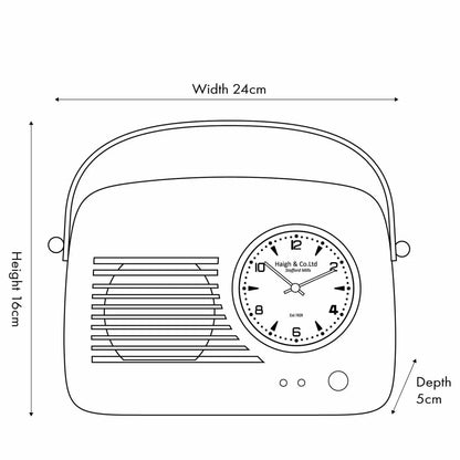 Silver Metal Retro Radio Style Table Clock with White Face Black Hands Arabic Numerals & Leather Handle Dimensions 24x16x5cm - Click Style