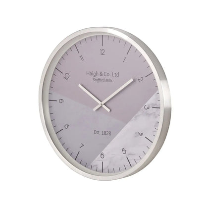 Silver Metal Round Wall Clock with Grey Purple and Marble Effect & Arabic Numerals 60x5cm - Click Style