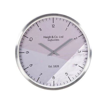 Silver Metal Round Wall Clock with Grey Purple and Marble Effect & Arabic Numerals 60x5cm - Click Style