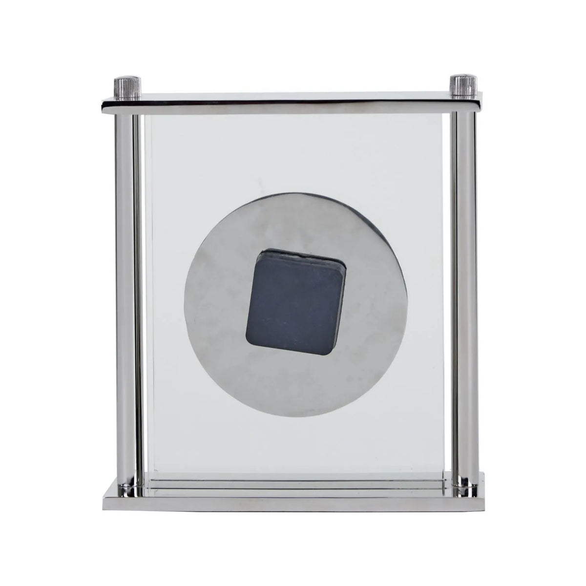Silver Metal & Glass Table Mantel Clock with Floating Clock Face Roman Numerals & Black Hands 28x25x7cm rear view showing glass panel and battery clock mechanism | Click Style