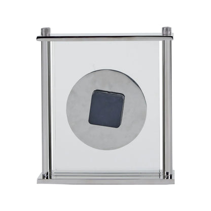 Silver Metal & Glass Table Mantel Clock with Floating Clock Face Roman Numerals & Black Hands 28x25x7cm rear view showing glass panel and battery clock mechanism | Click Style
