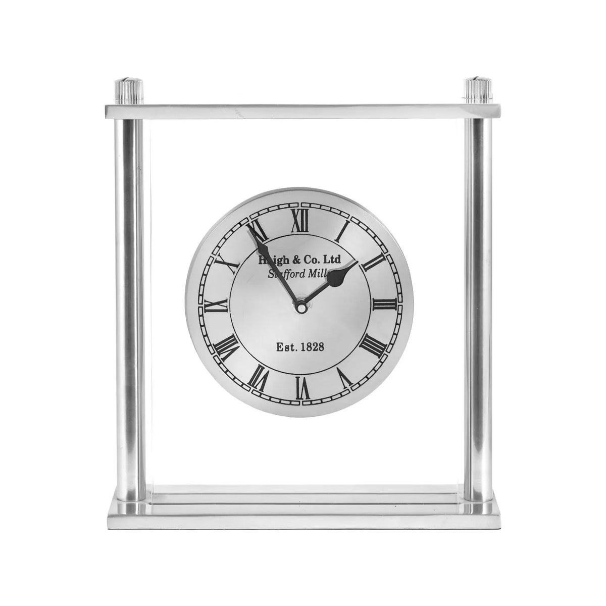 Silver Metal & Glass Table Mantel Clock with Floating Clock Face Roman Numerals & Black Hands 28x25x7cm front view showing silver frame and clear glass panels | Click Style