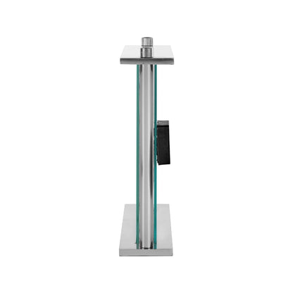 Silver Metal & Glass Table Mantel Clock with Floating Clock Face Roman Numerals & Black Hands 28x25x7cm side view showing slim profile and rear clock mechanism | Click Style