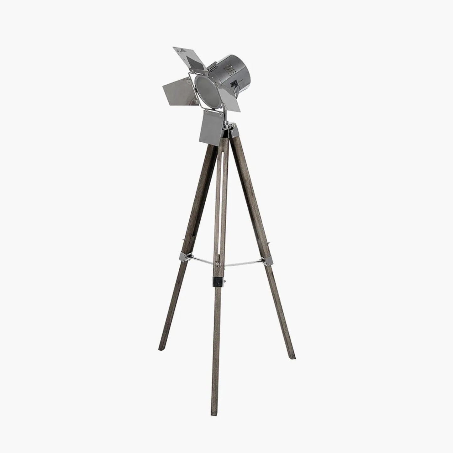 Silver Metal & Grey Wood Tripod Film Floor Lamp with Barn Door Shutters – Adjustable Movie Floor-standing Spotlight 139x68cm - Click Style