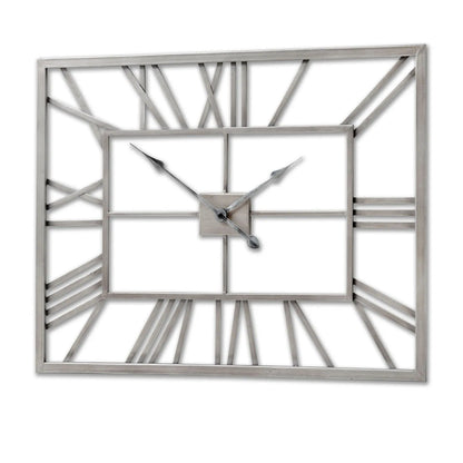 Silver Rectangular Metal Skeleton Wall Clock with Roman Numerals & Distressed Black Hands 60x80x4cm - Click Style