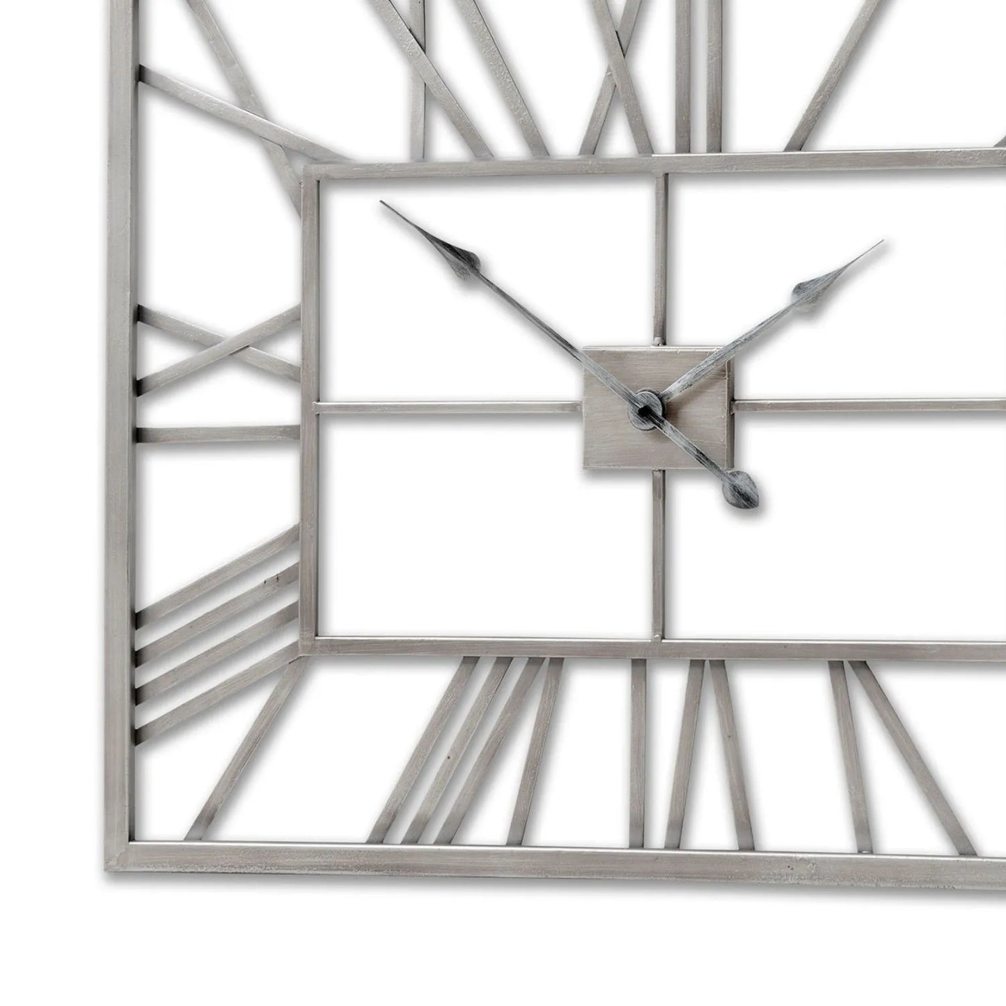 Silver Rectangular Metal Skeleton Wall Clock with Roman Numerals & Distressed Black Hands 60x80x4cm - Click Style