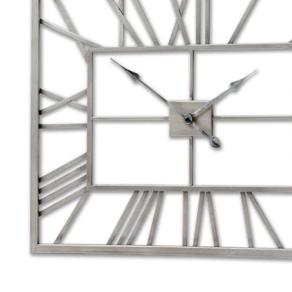 Silver Rectangular Metal Skeleton Wall Clock with Roman Numerals & Distressed Black Hands 60x80x4cm - Click Style