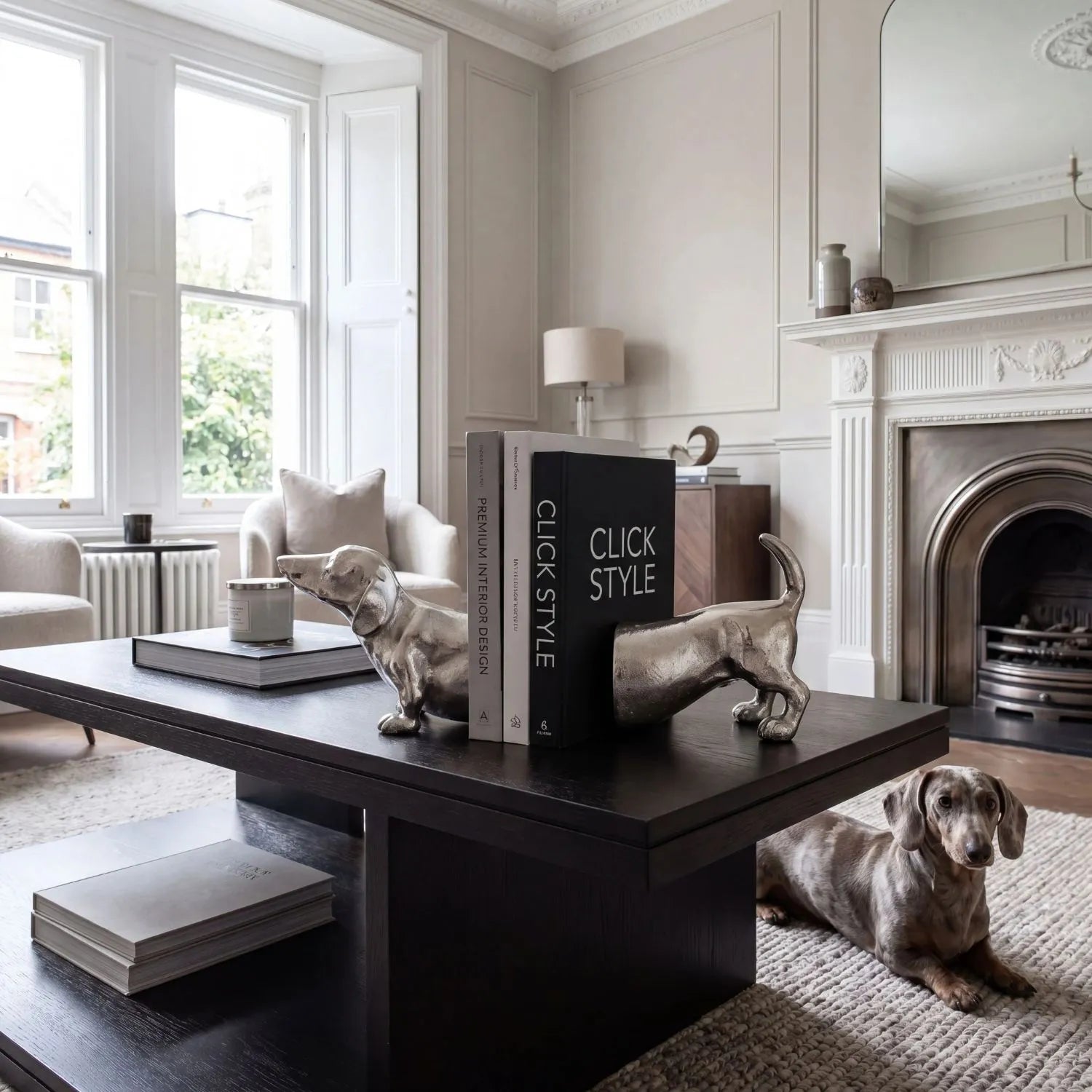 Silver Sausage Dog Bookends Decorative Aluminium Dachshund Book Ends with Elegant Silver Finish for Bookshelves Home Offices and Living Rooms | Click Style
