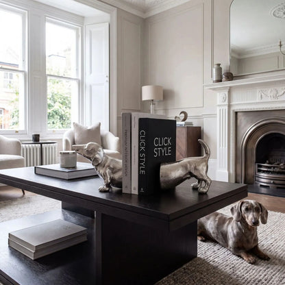 Silver Sausage Dog Bookends Decorative Aluminium Dachshund Book Ends with Elegant Silver Finish for Bookshelves Home Offices and Living Rooms | Click Style
