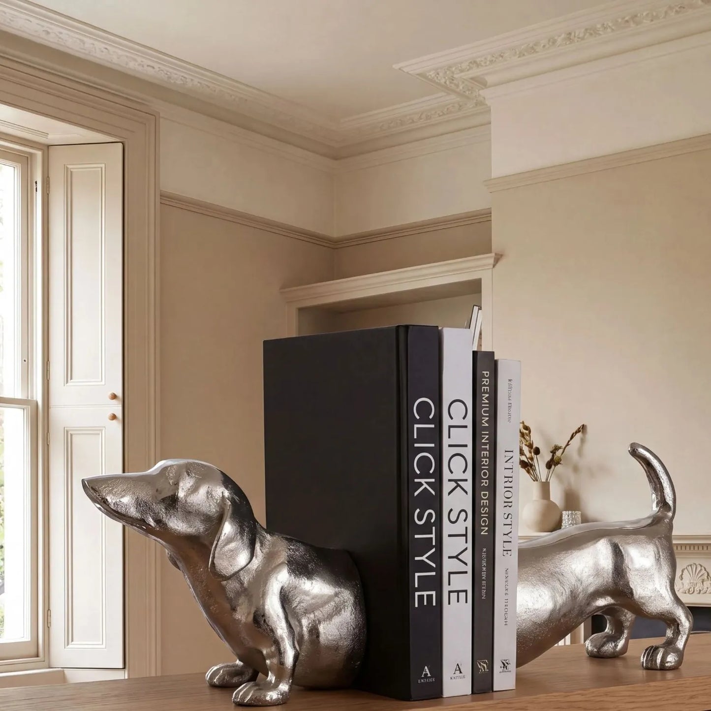 Silver Sausage Dog Bookends Decorative Aluminium Dachshund Book Ends with Elegant Silver Finish for Bookshelves Home Offices and Living Rooms | Click Style