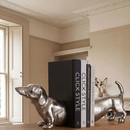 Silver Sausage Dog Bookends Decorative Aluminium Dachshund Book Ends with Elegant Silver Finish for Bookshelves Home Offices and Living Rooms | Click Style