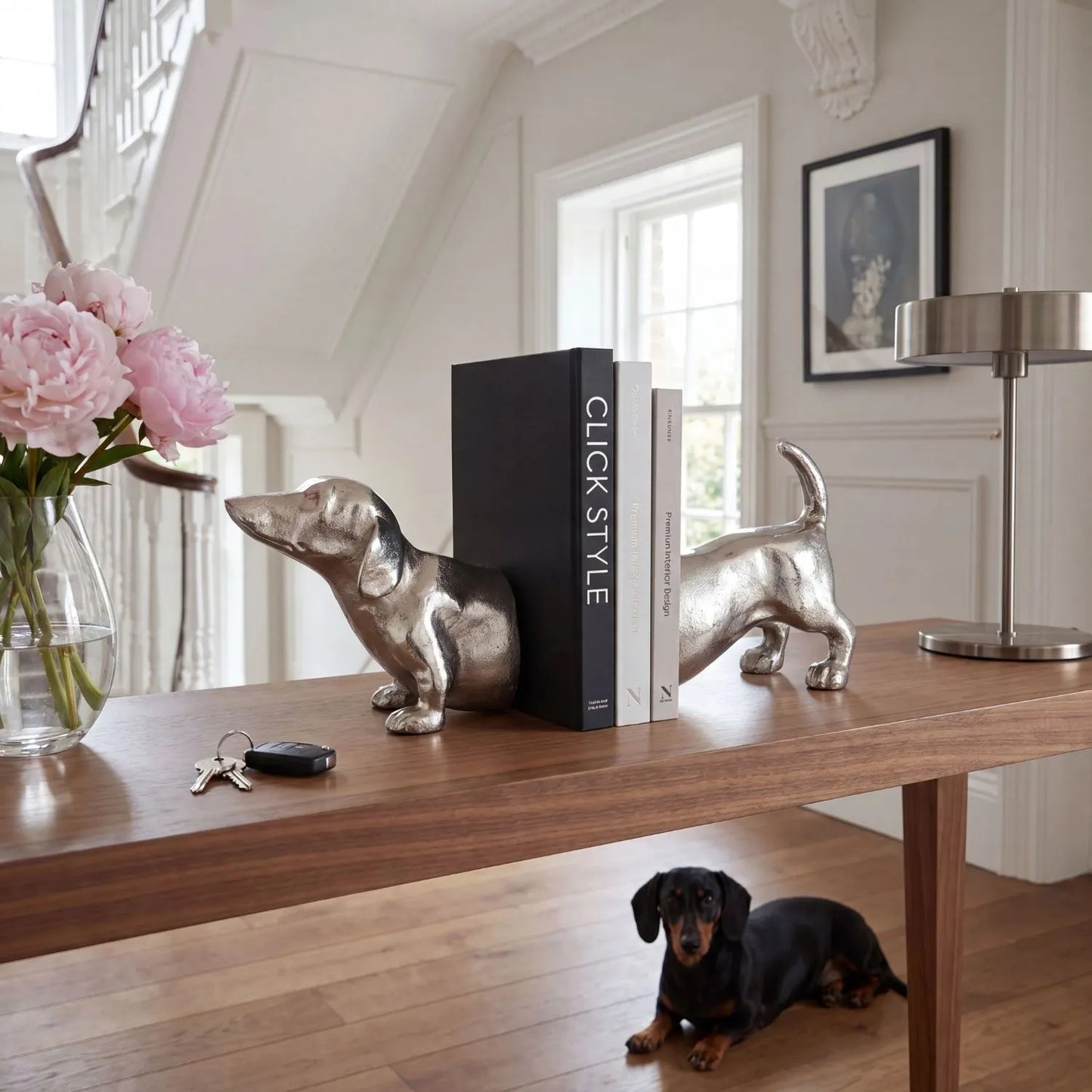 Silver Sausage Dog Bookends Decorative Aluminium Dachshund Book Ends with Elegant Silver Finish for Bookshelves Home Offices and Living Rooms | Click Style