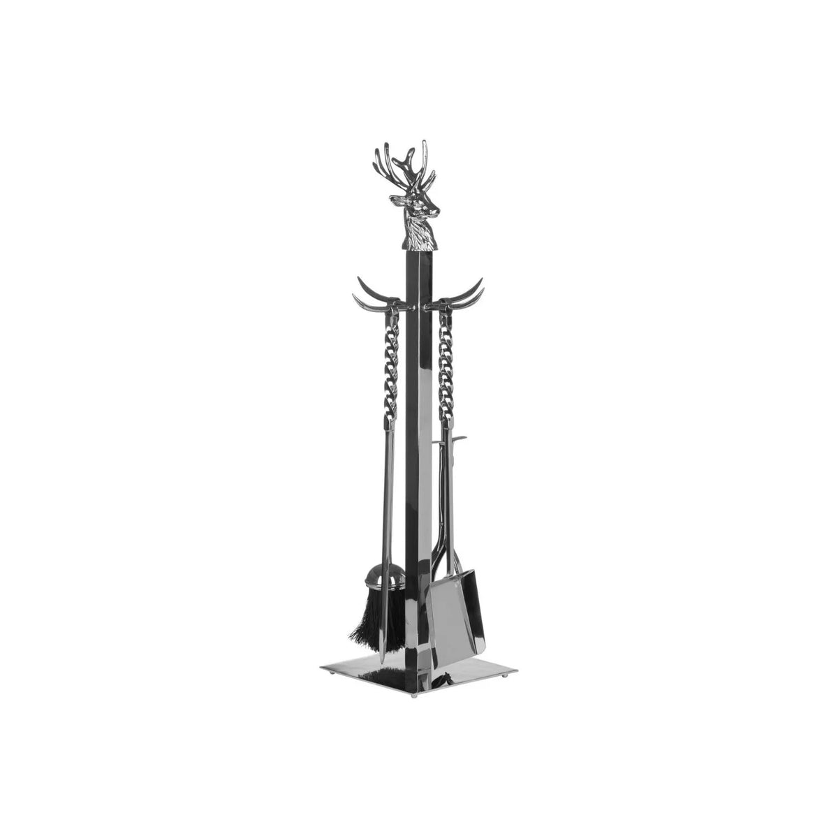 Silver Stag Fireside Companion Set with Hand-Turned Twisted Handles – Polished Nickel 4 Piece Fireplace Tool Set 67x17cm Stag Fireside Companion Set with Brush Shovel Poker & Tongs | Click Style