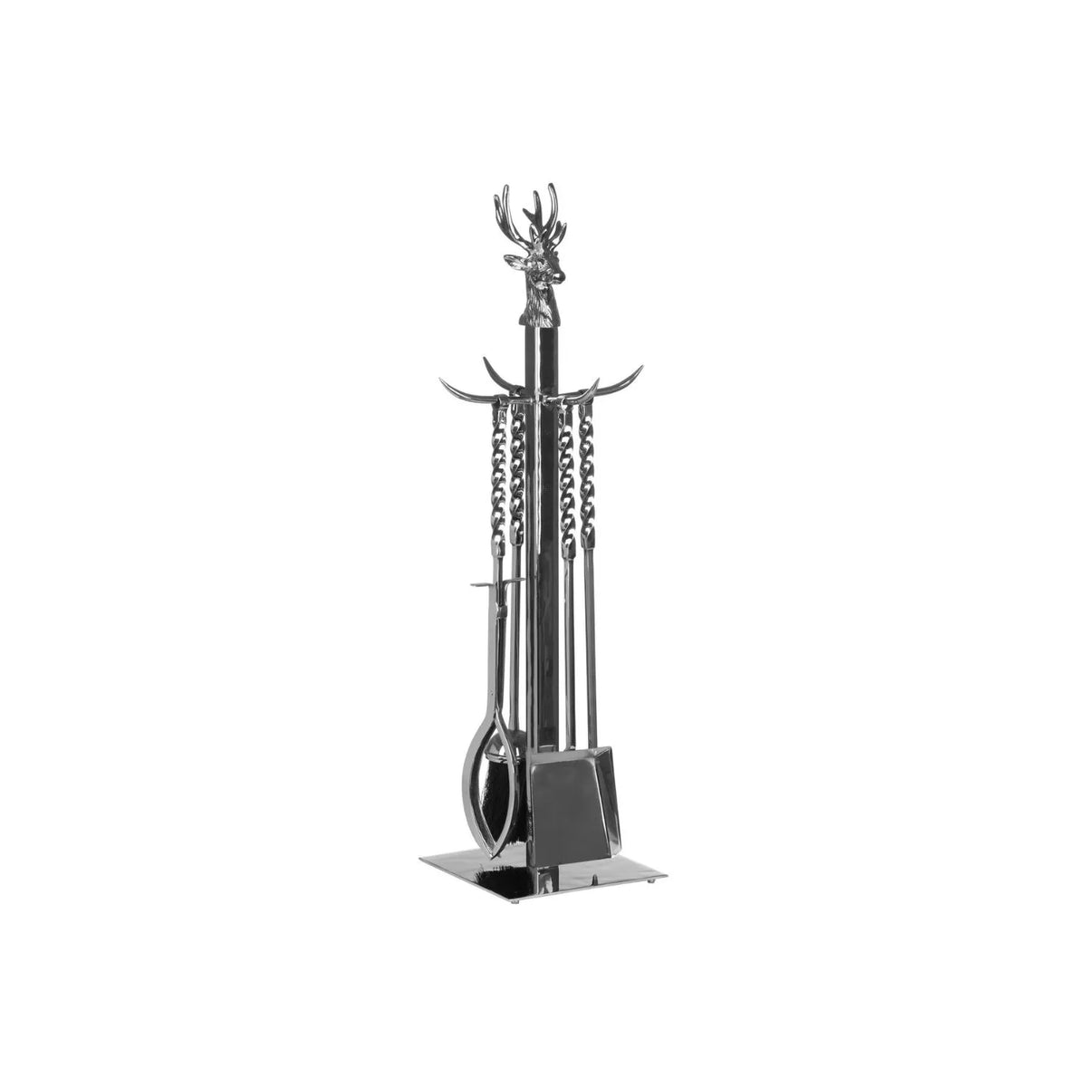 Silver Stag Fireside Companion Set with Hand-Turned Twisted Handles – Polished Nickel 4 Piece Fireplace Tool Set 67x17cm Stag Fireside Companion Set with Brush Shovel Poker & Tongs Opposite View | Click Style