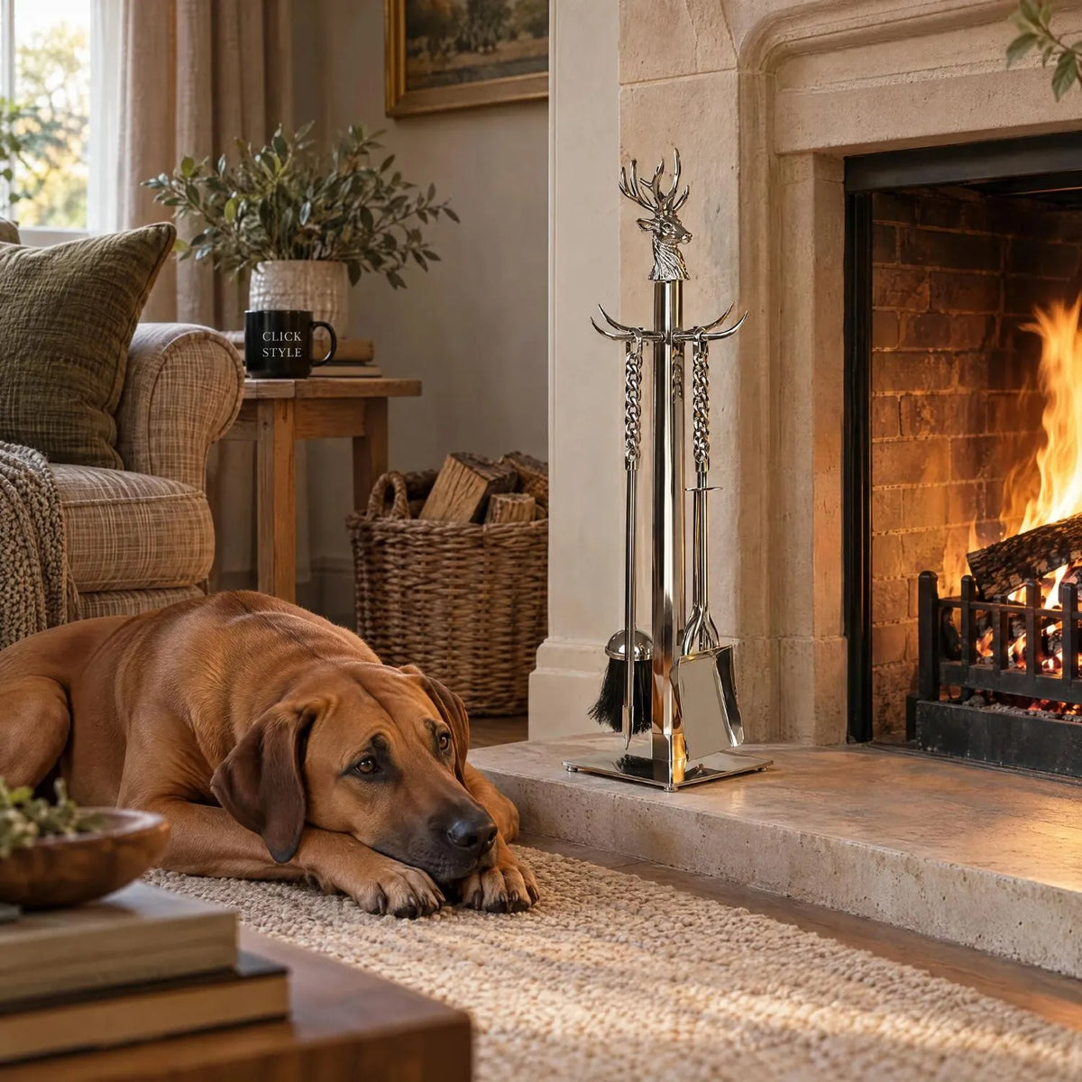 Silver Stag Fireside Companion Set with Hand-Turned Twisted Handles – Polished Nickel 4 Piece Fireplace Tool Set 67x17cm Stag Fireside Companion Set Styled by Fireplace with Rhodesian Ridgeback | Click Style