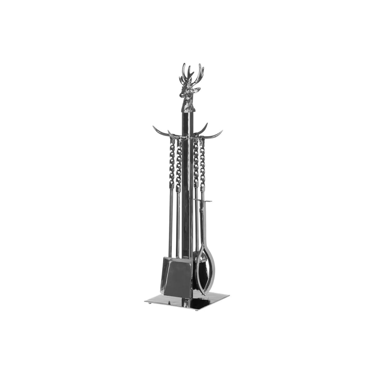 Silver Stag Fireside Companion Set with Hand-Turned Twisted Handles – Polished Nickel 4 Piece Fireplace Tool Set 67x17cm Stag Fireside Companion Set with Brush Shovel Poker & Tongs Side View | Click Style