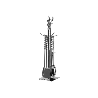 Silver Stag Fireside Companion Set with Hand-Turned Twisted Handles – Polished Nickel 4 Piece Fireplace Tool Set 67x17cm Stag Fireside Companion Set with Brush Shovel Poker & Tongs Side View | Click Style