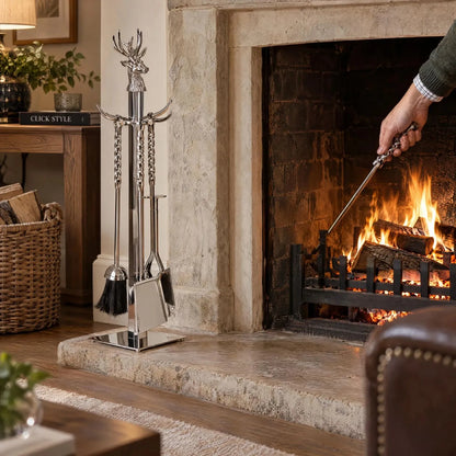 Silver Stag Fireside Companion Set with Hand-Turned Twisted Handles – Polished Nickel 4 Piece Fireplace Tool Set 67x17cm Stag Fireside Companion Set with Poker in Use Beside Open Fire | Click Style