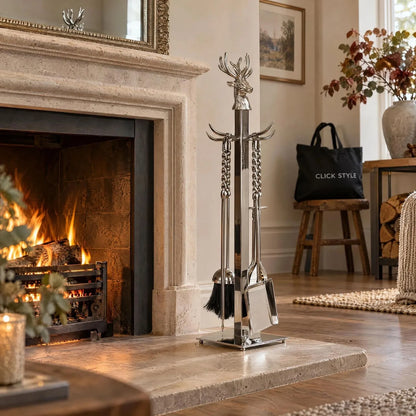 Silver Stag Fireside Companion Set with Hand-Turned Twisted Handles – Polished Nickel 4 Piece Fireplace Tool Set 67x17cm Stag Fireside Companion Set with Stag Head & Twisted Handle Detail | Click Style