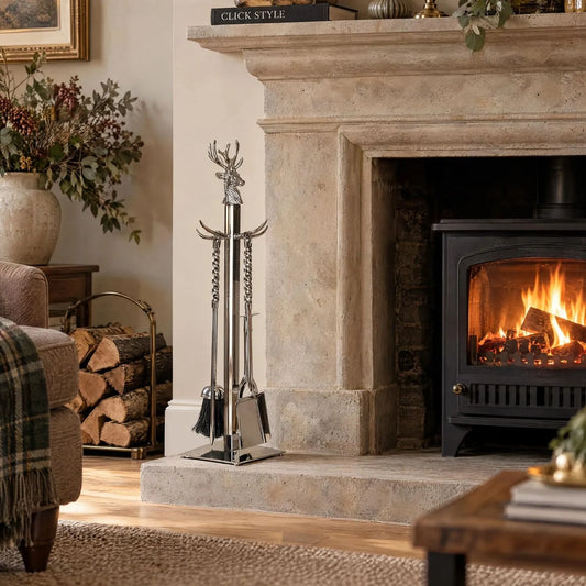 Silver Stag Fireside Companion Set with Hand-Turned Twisted Handles – Polished Nickel 4 Piece Fireplace Tool Set 67x17cm Stag Fireside Companion Set Styled Beside Limestone Fireplace | Click Style