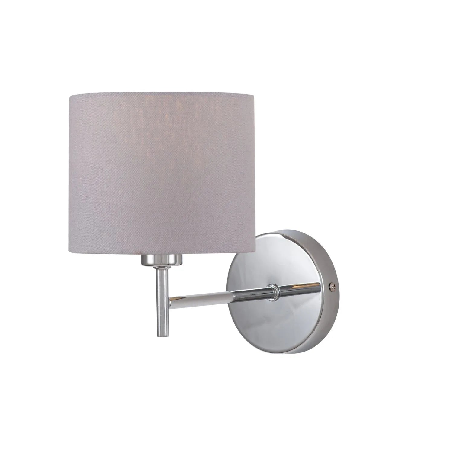 Silver Wall Light with Grey Linen Drum Lampshade – Modern Chrome Wall Lighting 20x14x25cm - Click Style