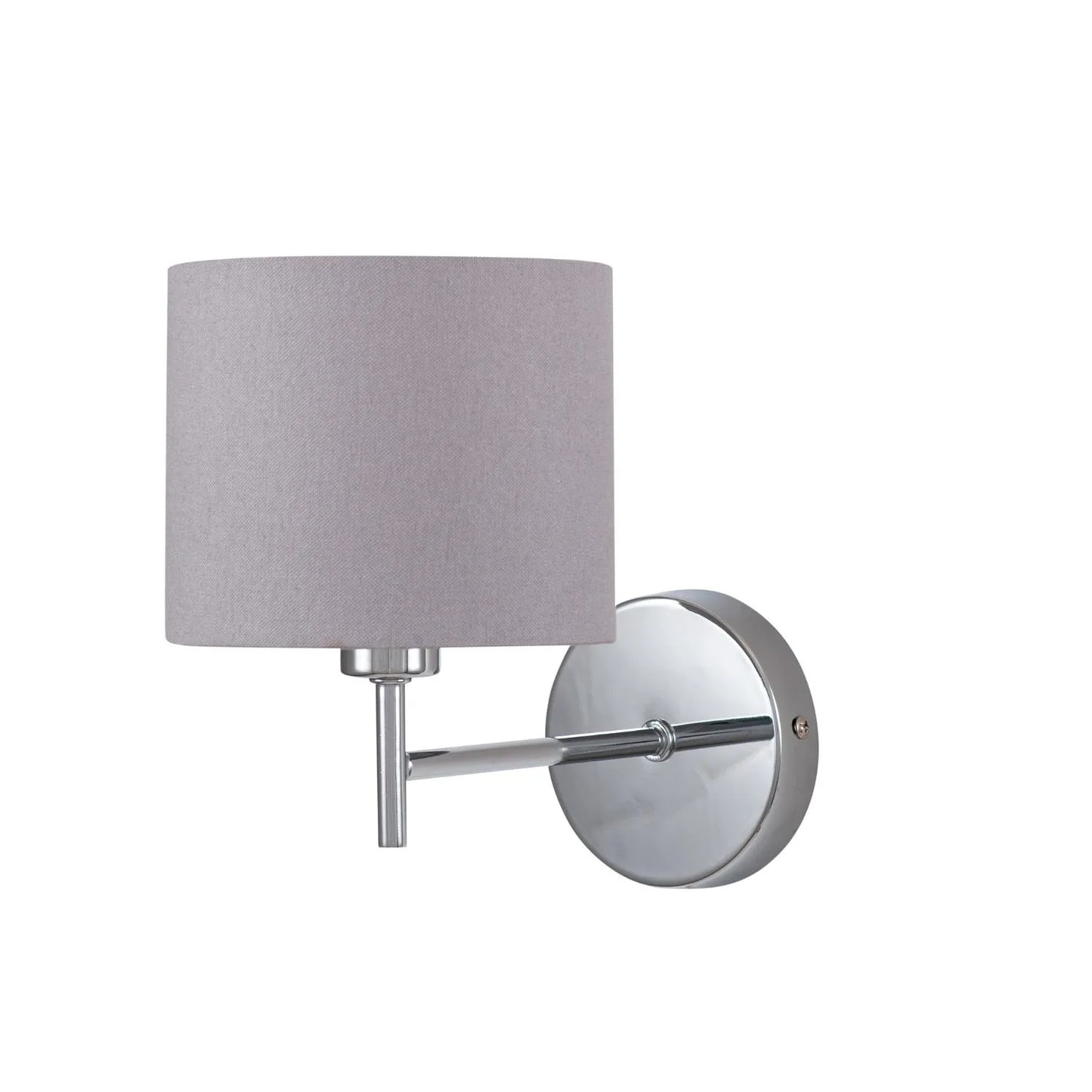 Silver Wall Light with Grey Linen Drum Lampshade – Modern Chrome Wall Lighting 20x14x25cm - Click Style