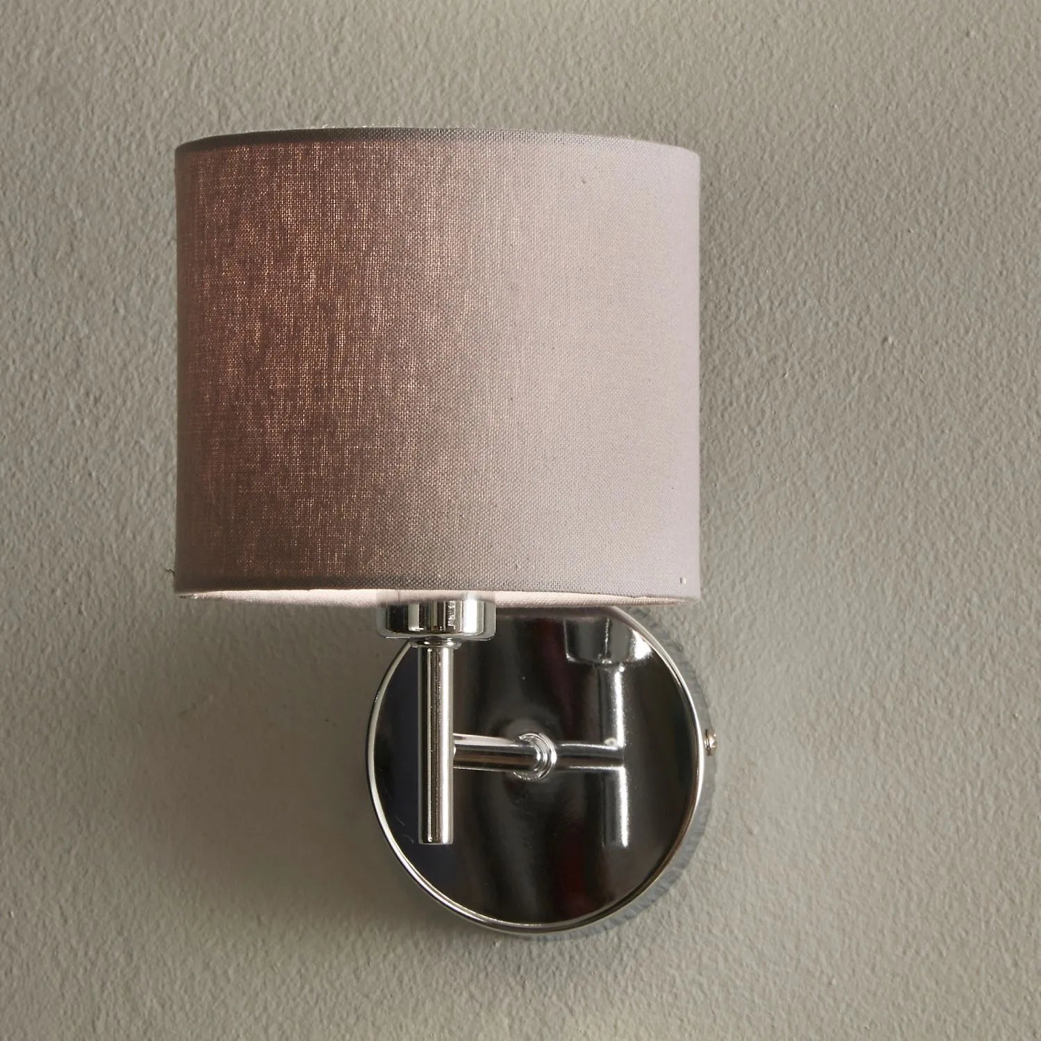 Silver Wall Light with Grey Linen Drum Lampshade – Modern Chrome Wall Lighting 20x14x25cm - Click Style