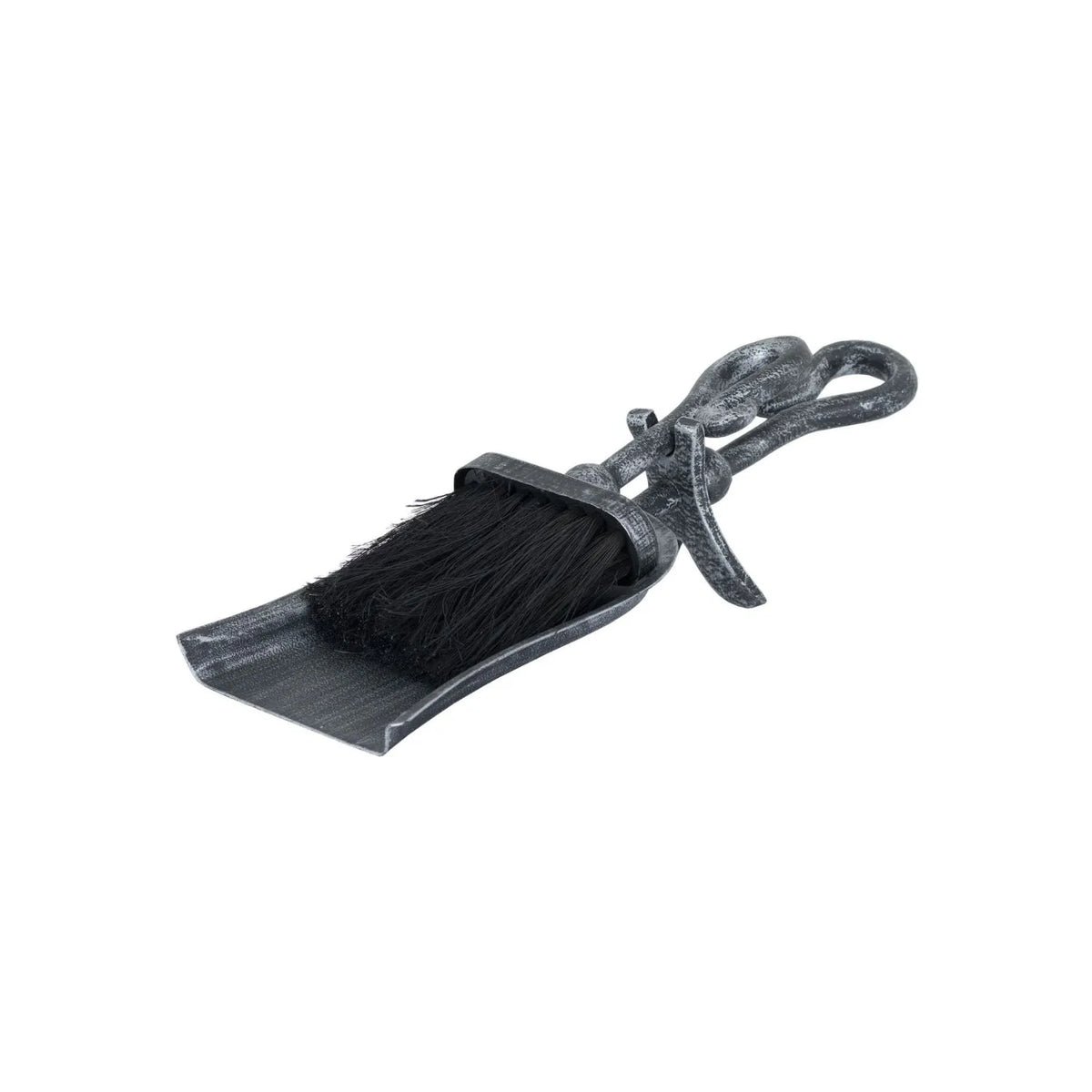 Silver & Black Brushed Steel Hearth Tidy with X-Shaped Stand & Crook Handles – Brush & Shovel Fireplace Cleaning Set 37x13x8cm Full Product View | Click Style